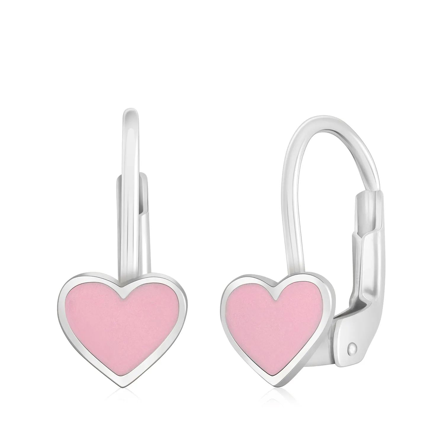 14K White or Yellow Gold Small Heart Leverback Earrings with Light Blue or Pink and Dark Pink Enamel