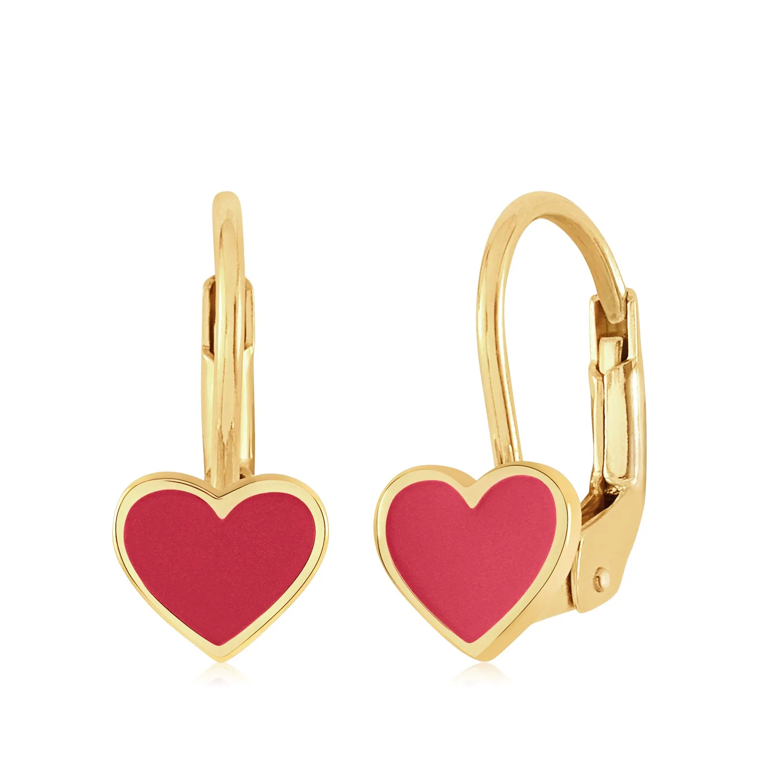 14K White or Yellow Gold Small Heart Leverback Earrings with Light Blue or Pink and Dark Pink Enamel