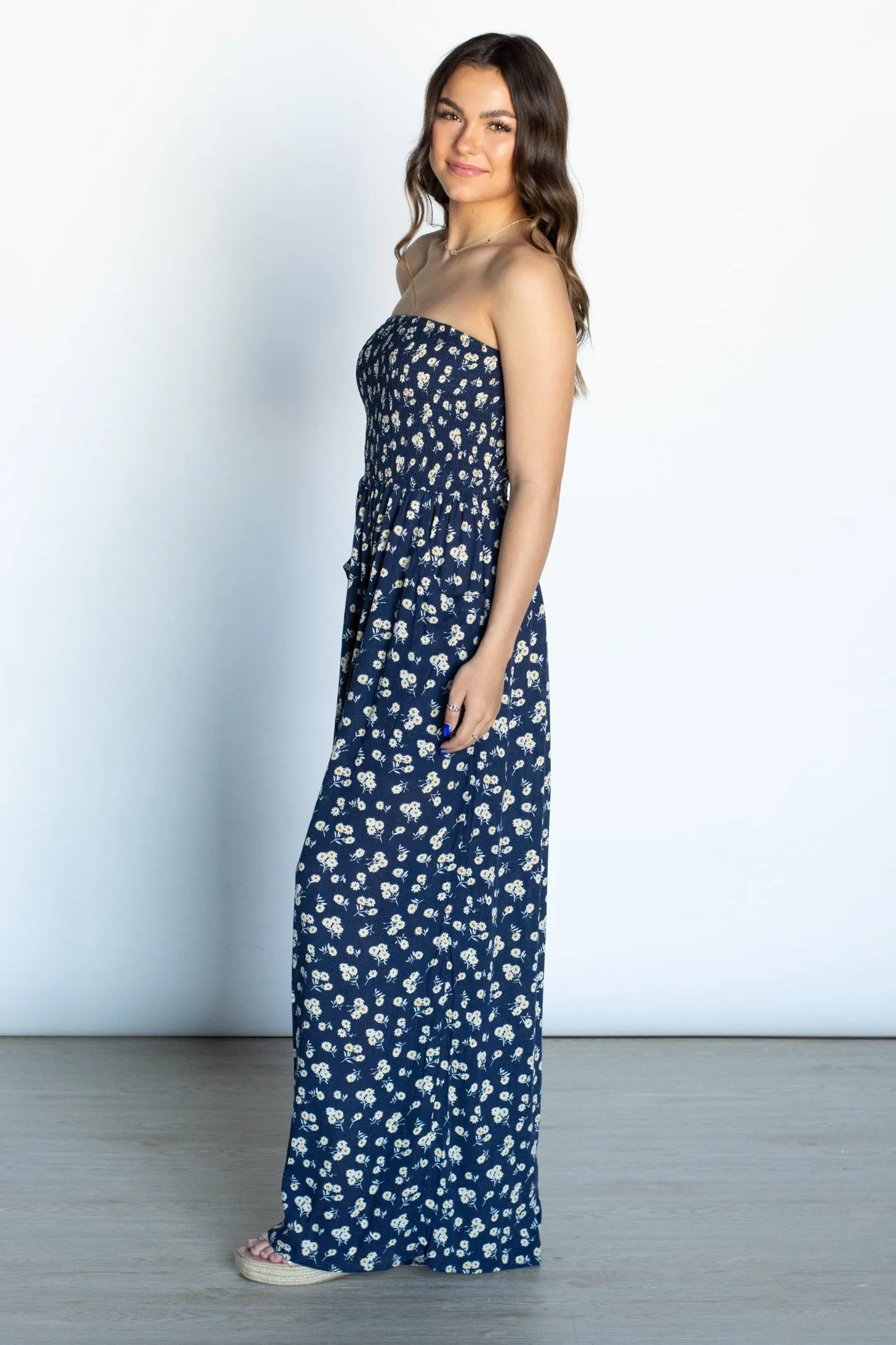 All of Me Navy Floral Smocked Jumpsuit