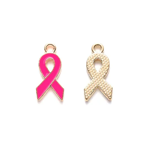 Charms, Awareness Ribbons, Breast Cancer, Deep Pink, Enameled, Light Gold Plated, Alloy, 20mm