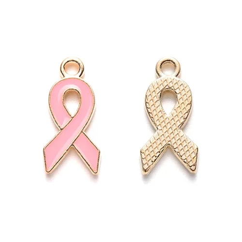 Charms, Cancer, Awareness, Ribbon, Light Gold Plated, Alloy, Pink Enamel, 20mm