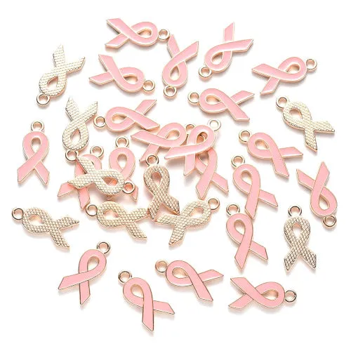 Charms, Cancer, Awareness, Ribbon, Light Gold Plated, Alloy, Pink Enamel, 20mm