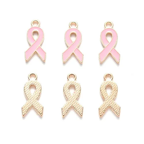 Charms, Cancer, Awareness, Ribbon, Light Gold Plated, Alloy, Pink Enamel, 20mm