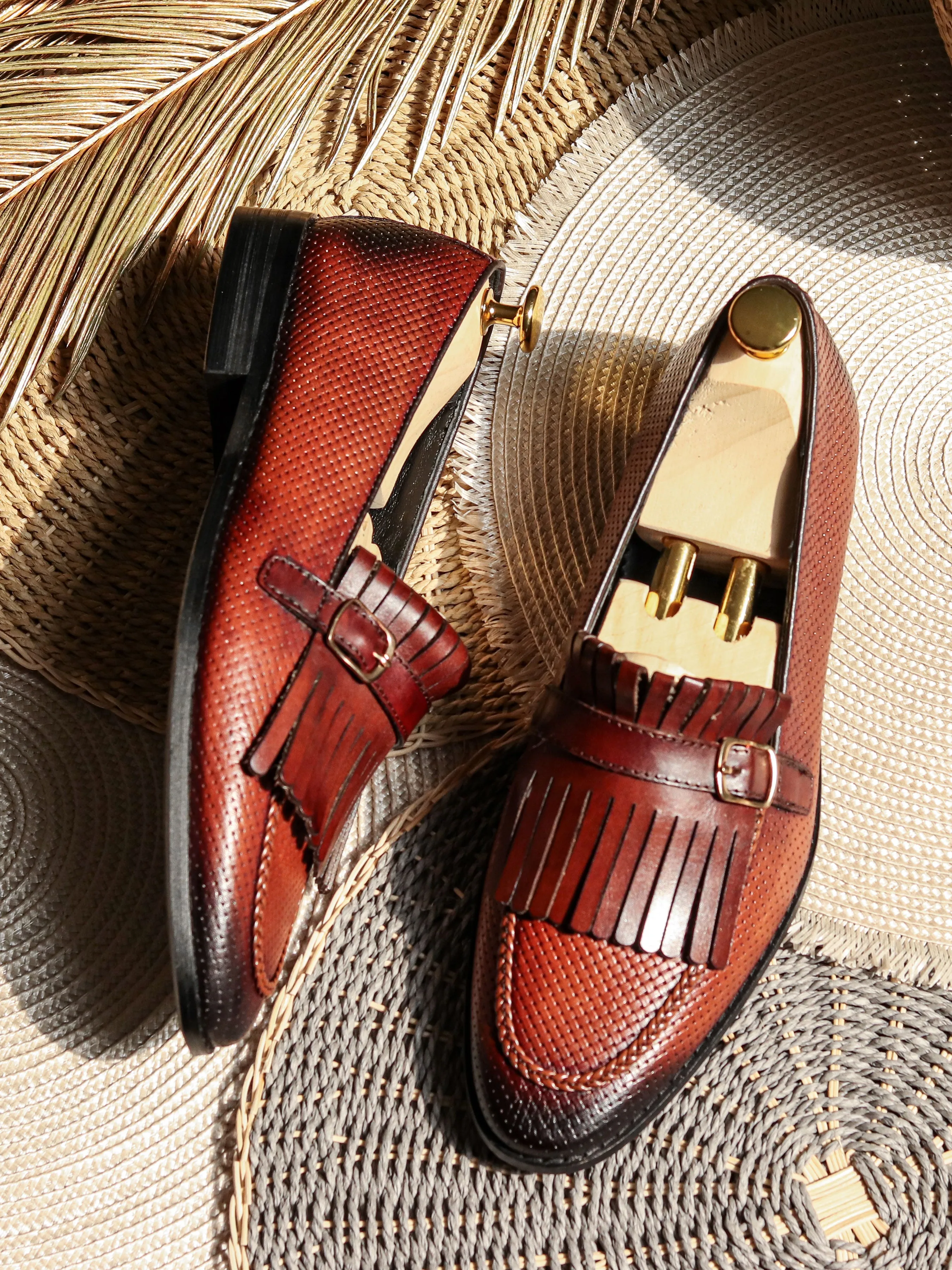 Fringe Kiltie Loafer - Cognac Tan Woven Leather with Side Buckle (Hand Painted Patina)