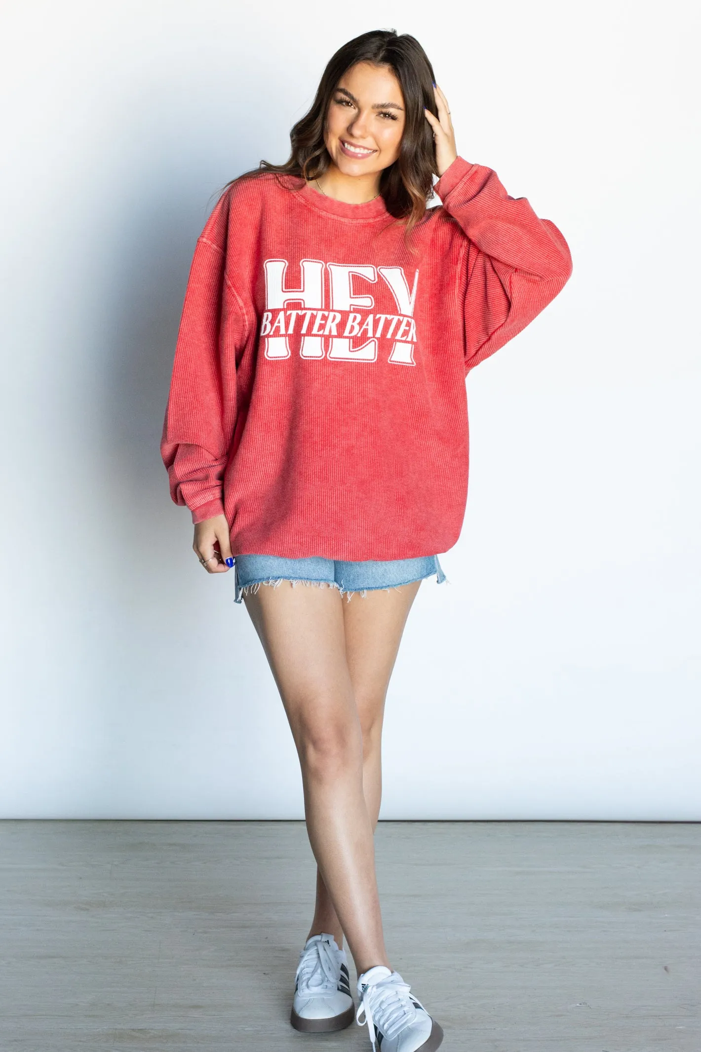 Hey Batter Batter Red Corded Sweatshirt