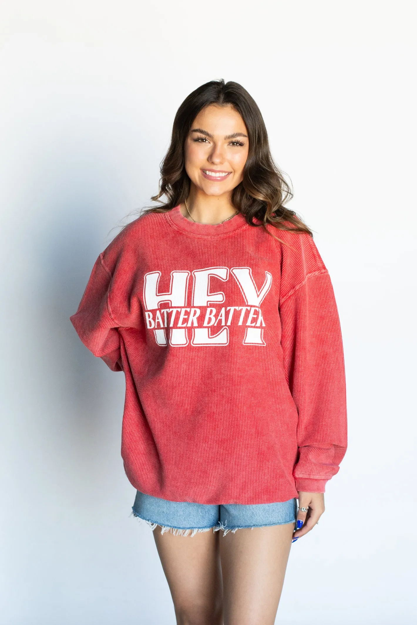 Hey Batter Batter Red Corded Sweatshirt