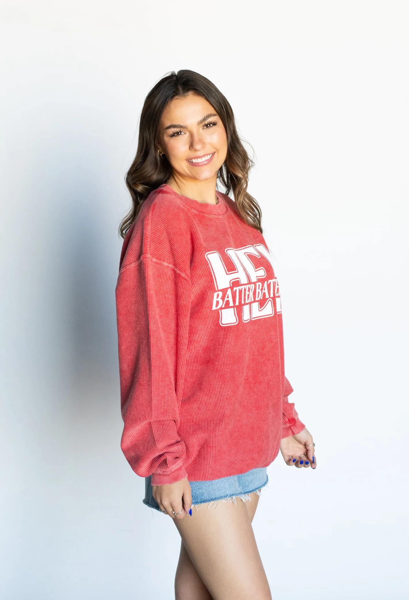 Hey Batter Batter Red Corded Sweatshirt