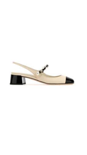 Leather And Patent Leather Slingback Pumps - Ivory/Black