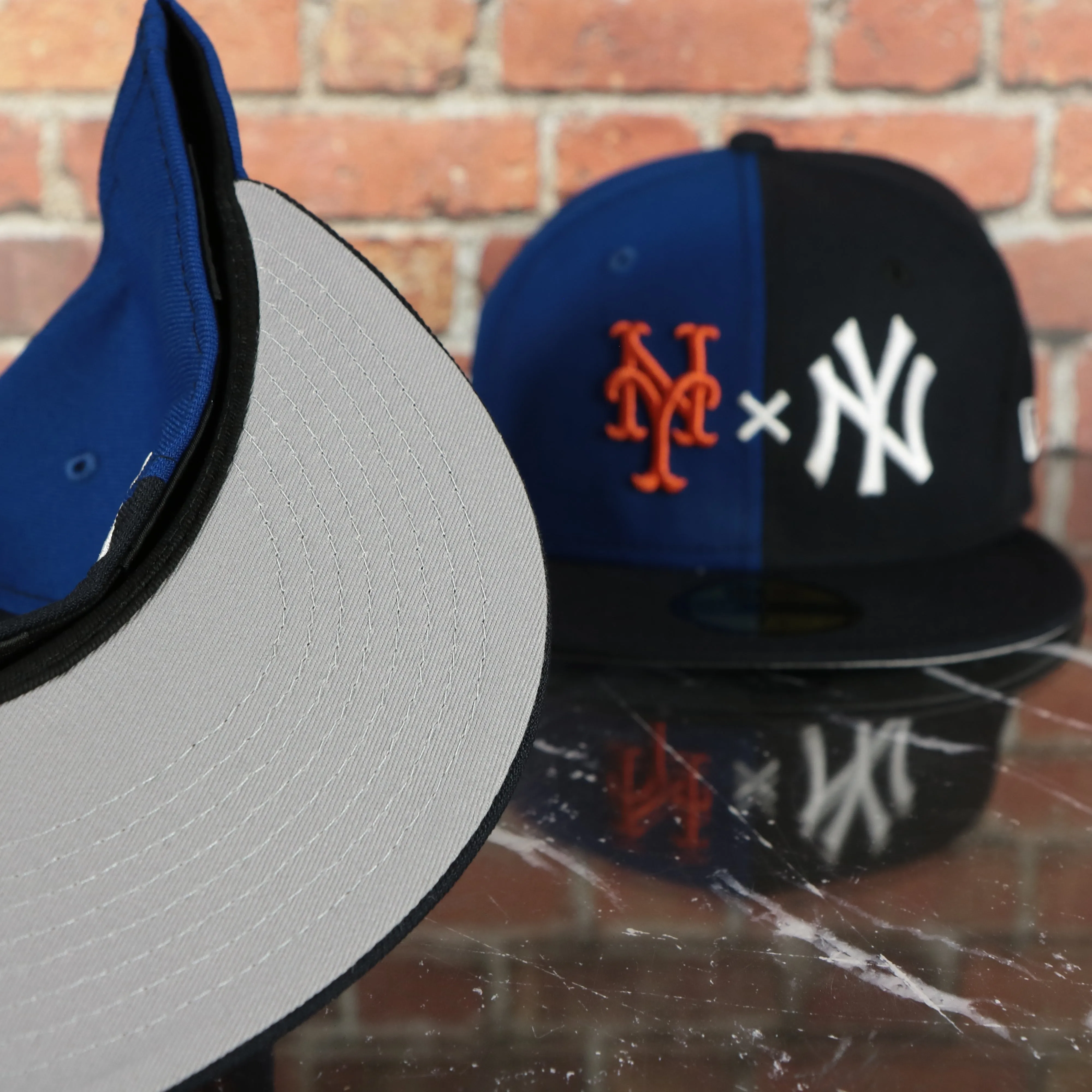 New York Yankees x Mets Split Crown Grey Bottom 59fifty Side Patch Fitted | Navy/Royal Blue Yankees x Mets 5950 Cap