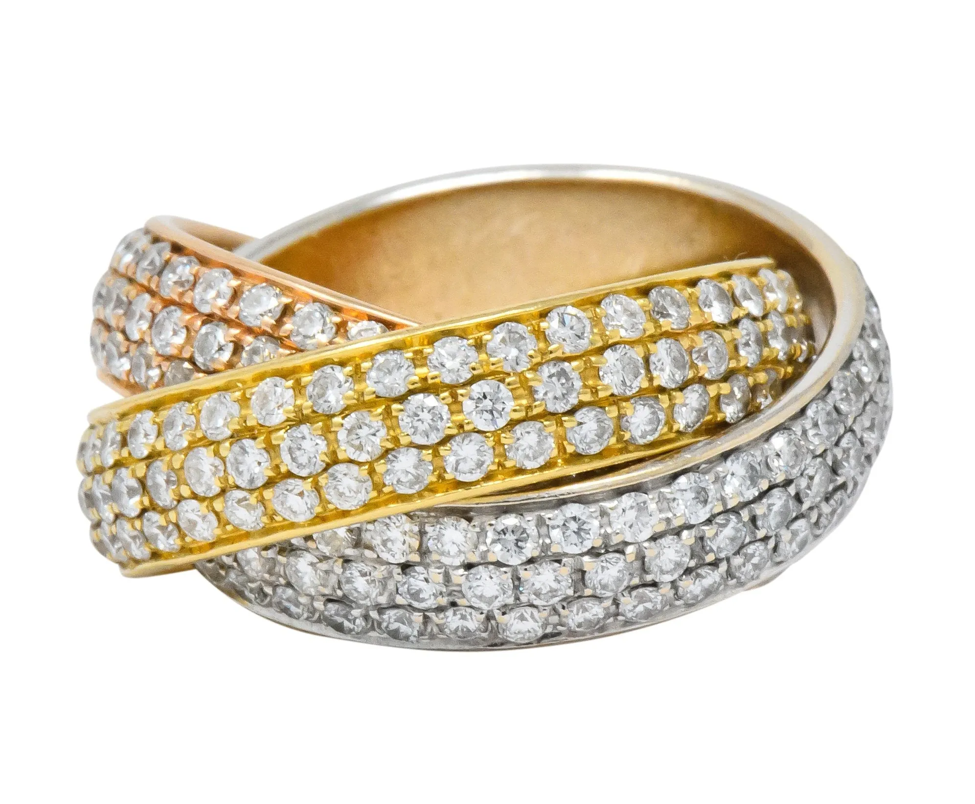 Rabino 5.00 CTW Diamond 18 Karat Tri-Colored Italian Rolling Band Trinity Ring