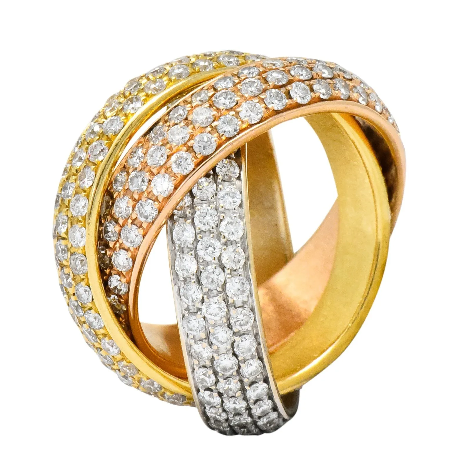 Rabino 5.00 CTW Diamond 18 Karat Tri-Colored Italian Rolling Band Trinity Ring