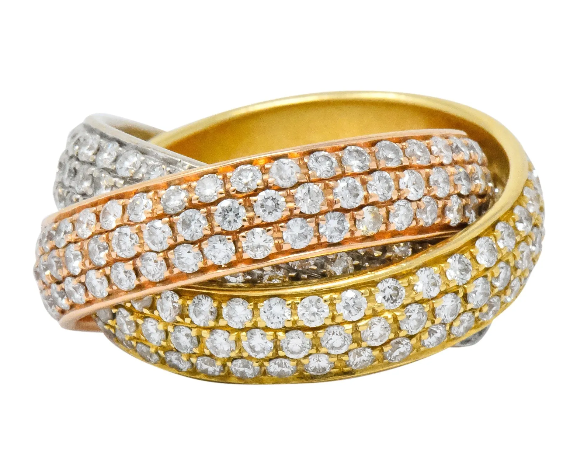 Rabino 5.00 CTW Diamond 18 Karat Tri-Colored Italian Rolling Band Trinity Ring