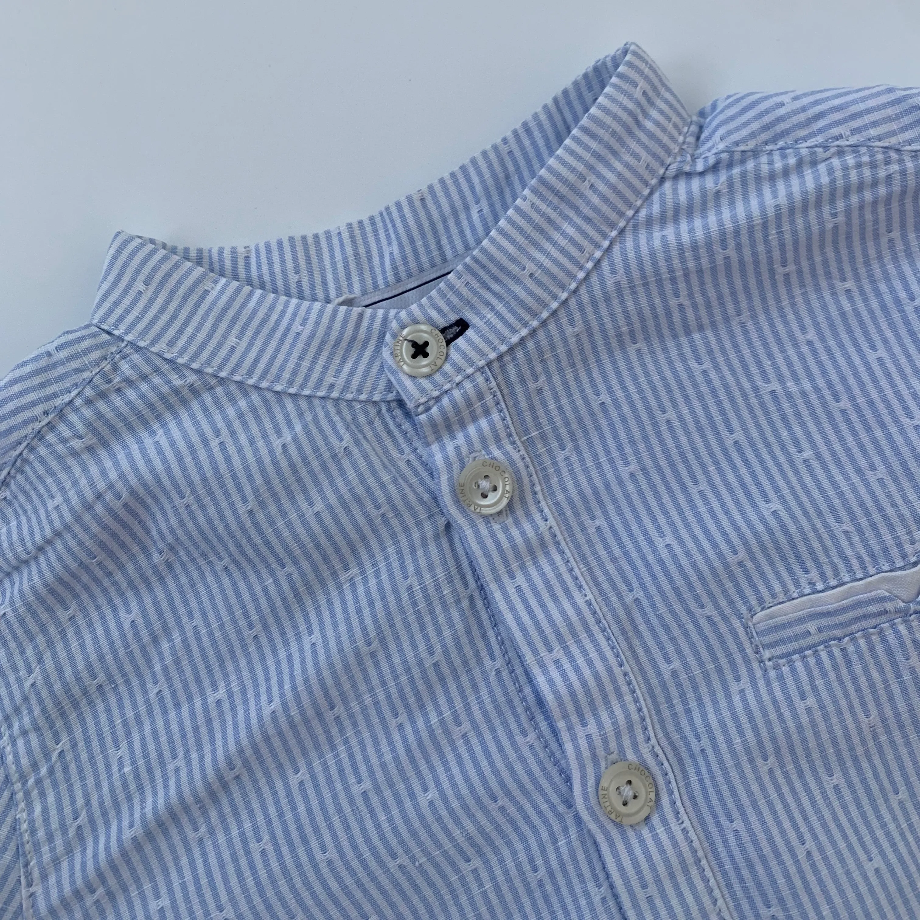 Tartine et Chocolat Blue And White Stripe Collarless Shirt: 4 Years